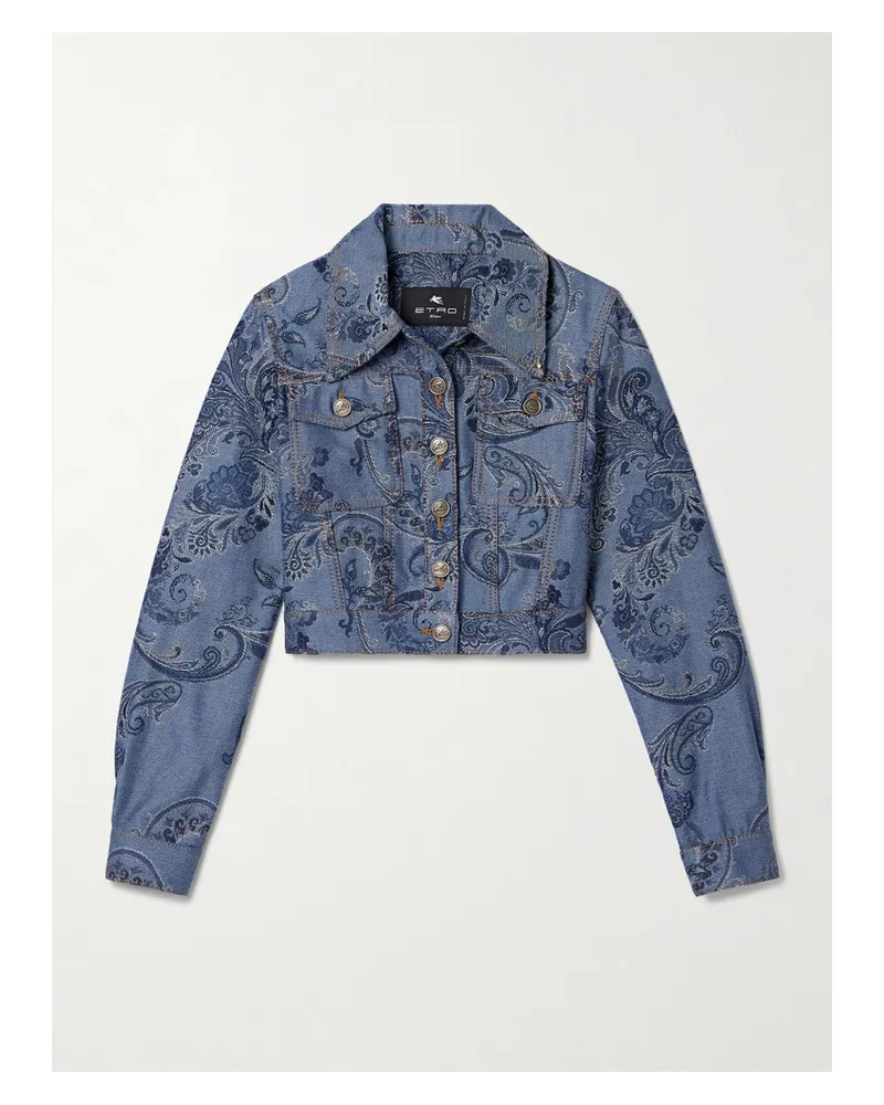 Etro Verkürzte Jeansjacke mit Jacquard-muster Blau