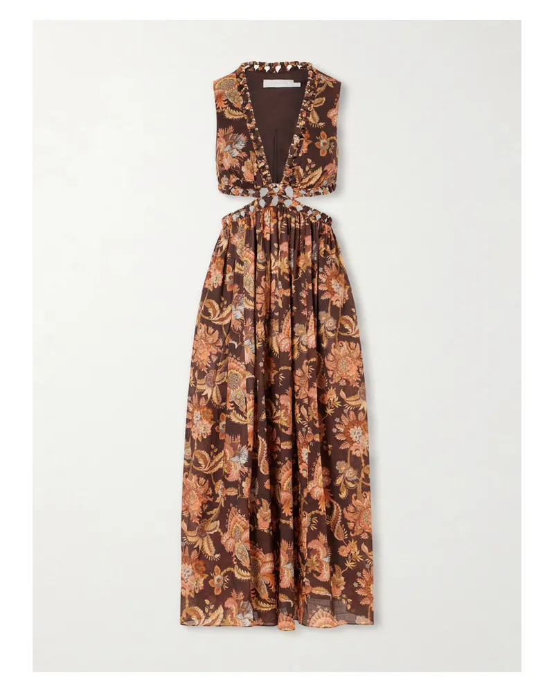 Zimmermann Aster Cut-out Printed Cotton Midi Dress - Brown Brown