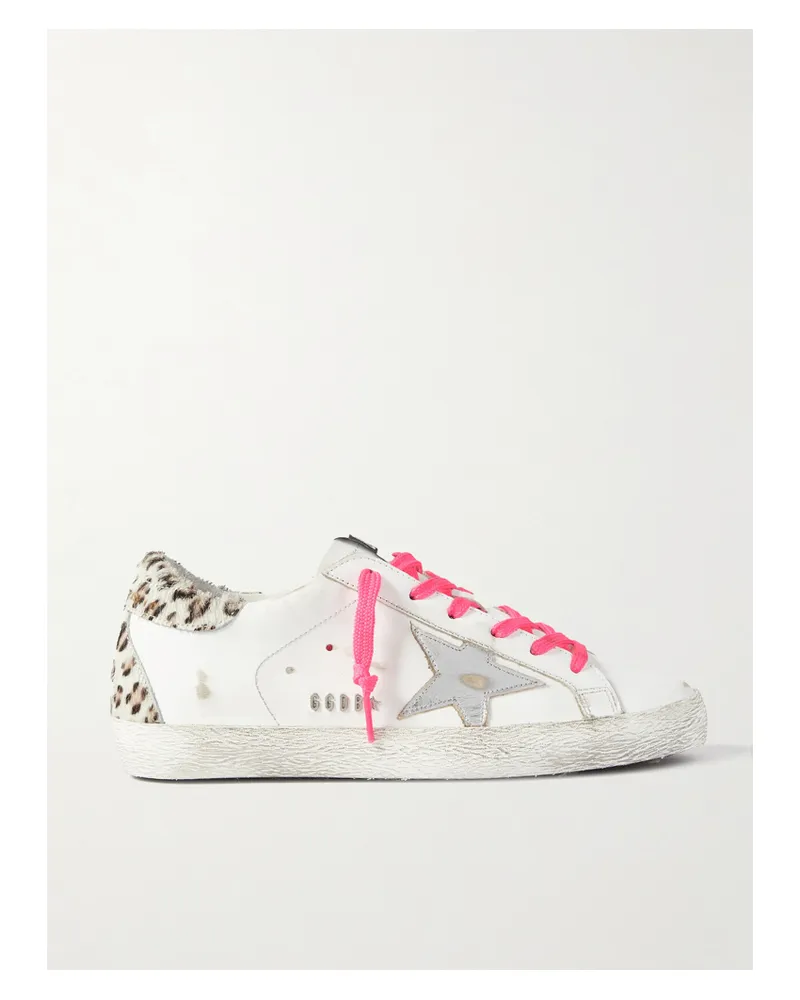 Golden Goose Superstar Sneakers Aus Leder Mit Kalbshaarbesätzen, Leopardenprint Und Distressed-details - Weiß Weiß