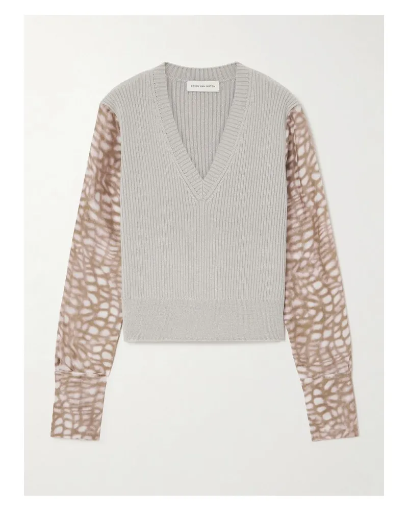 Dries van Noten Pullover Aus Rippstrick Und Bedrucktem Satin - Grau Grau