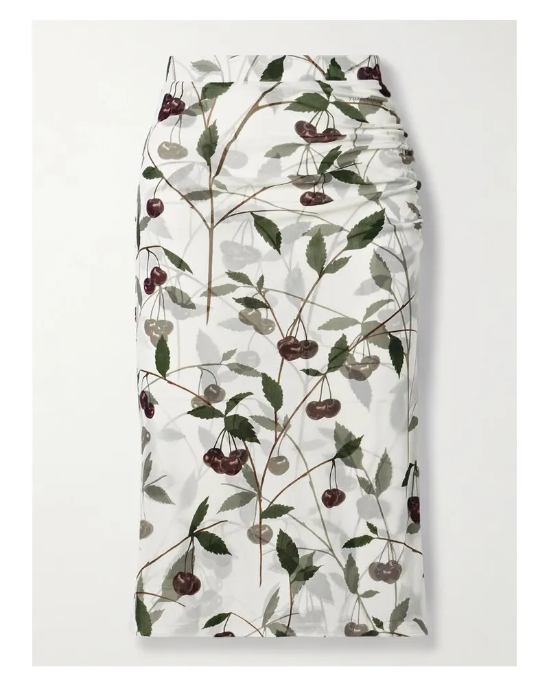 Stella McCartney Midirock Aus Bedrucktem Stretch-mesh Mit Raffung - Weiß Weiß