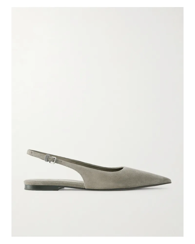 Brunello Cucinelli Embellished Suede Slingback Flats - Brown Brown