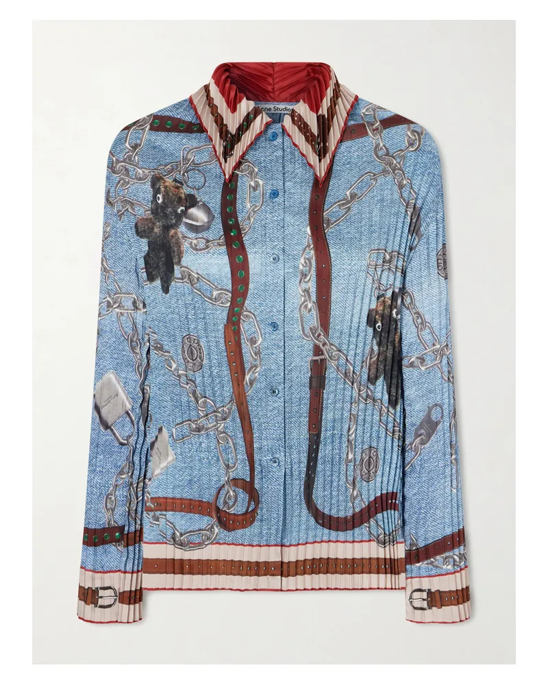 Acne Studios Hemd Aus Glänzendem Twill Mit Print Und Plissee - Blau Blau