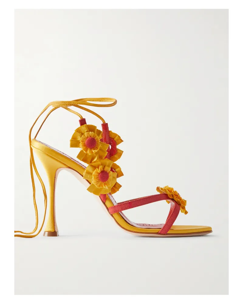 Manolo Blahnik Palissot Leather-trimmed Appliquéd Grosgrain And Satin Sandals - Yellow Yellow
