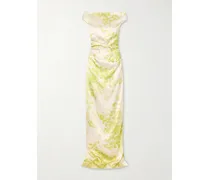 Off-the-shoulder Pleated Floral-print Duchesse-satin Gown - Green