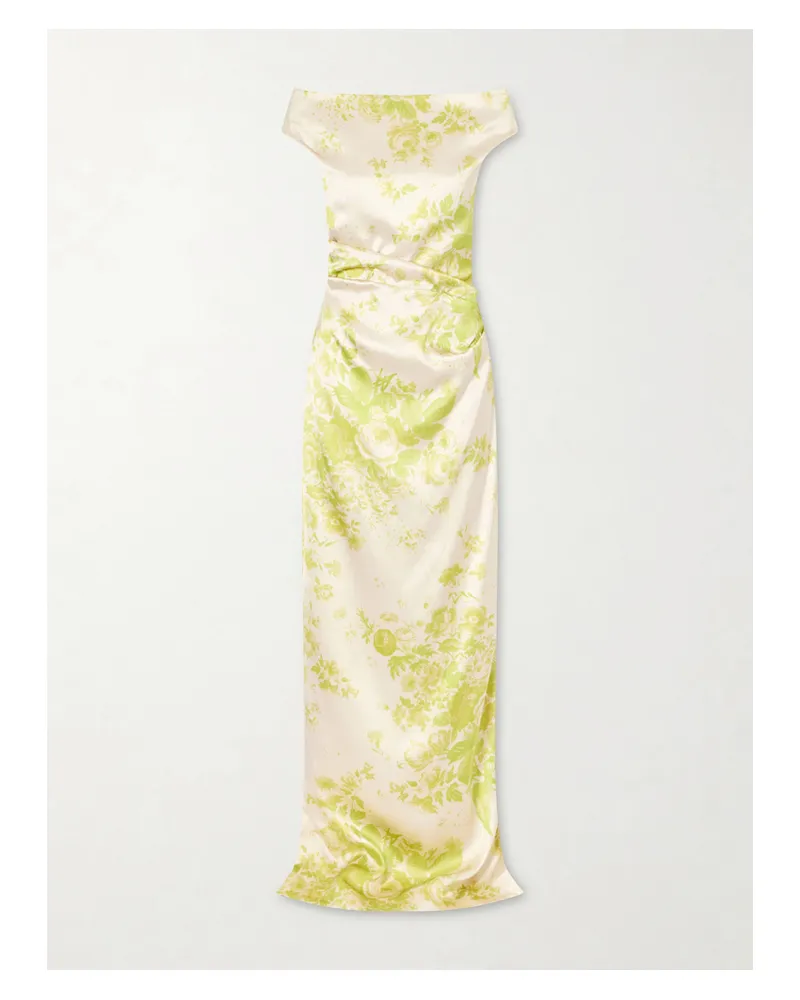 Erdem Off-the-shoulder Pleated Floral-print Duchesse-satin Gown - Green Green