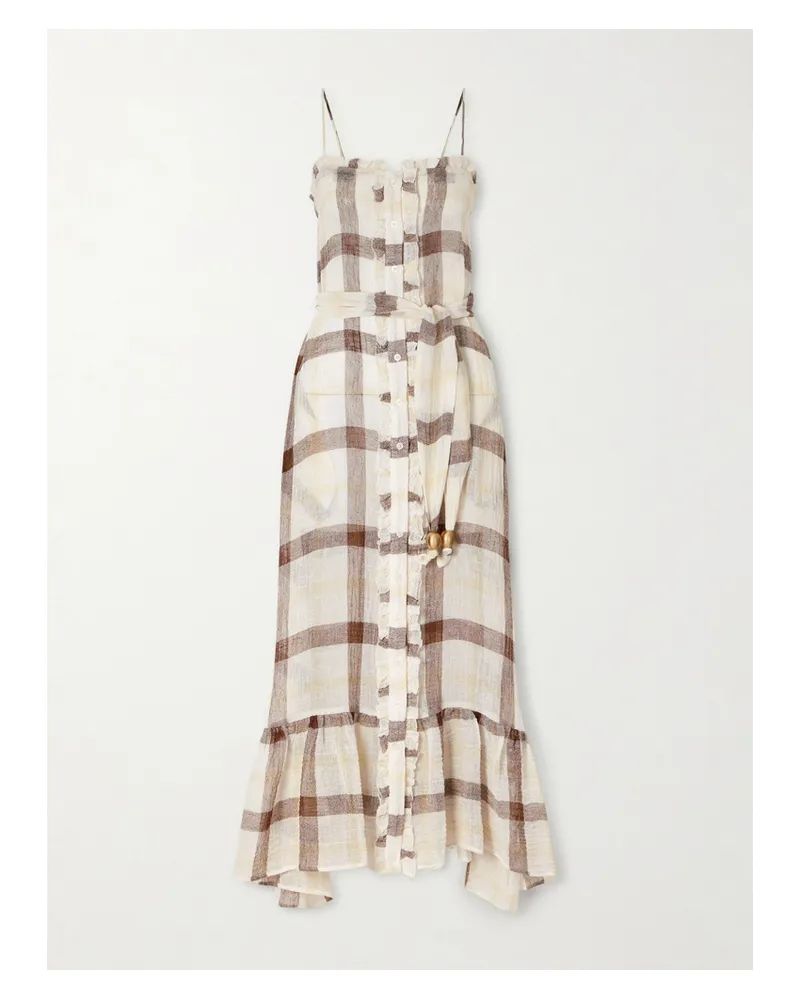 Lisa Marie Fernandez Belted Embellished Tiered Ruffled Checked Linen-blend Gauze Maxi Dress - Multi Multi