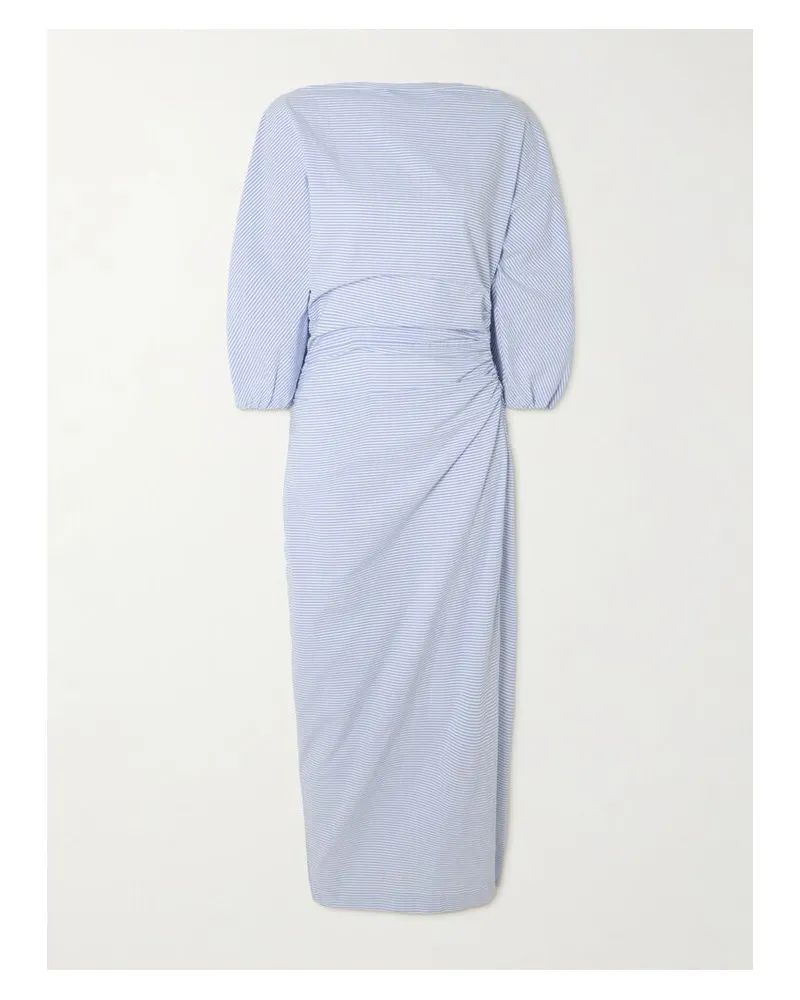 BERNADETTE Ezra Midikleid Aus Gestreiftem Baumwoll-seersucker Mit Raffung - Blau Blau