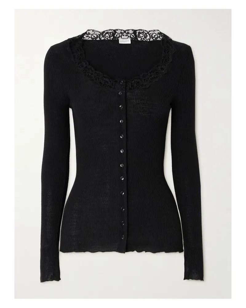 Saint Laurent Cardigan Aus Einer Gerippten Woll-seidenmischung Mit Spitzenbesatz Und Wellenkanten - Schwarz Schwarz