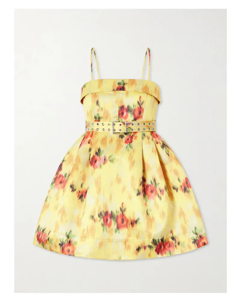 Ganni Floral-print Tie-detailed Duchesse-satin Mini Dress - Yellow Yellow