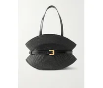 Shuffle Medium Buckled Leather-trimmed Raffia Shoulder Bag - Black