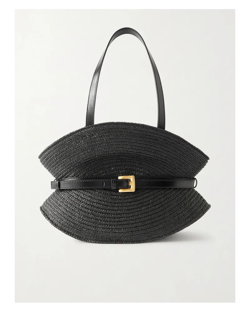 Balmain Shuffle Medium Buckled Leather-trimmed Raffia Shoulder Bag - Black Black