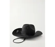Cowboy Distressed Leather-trimmed Embroidered Straw Hat - Black