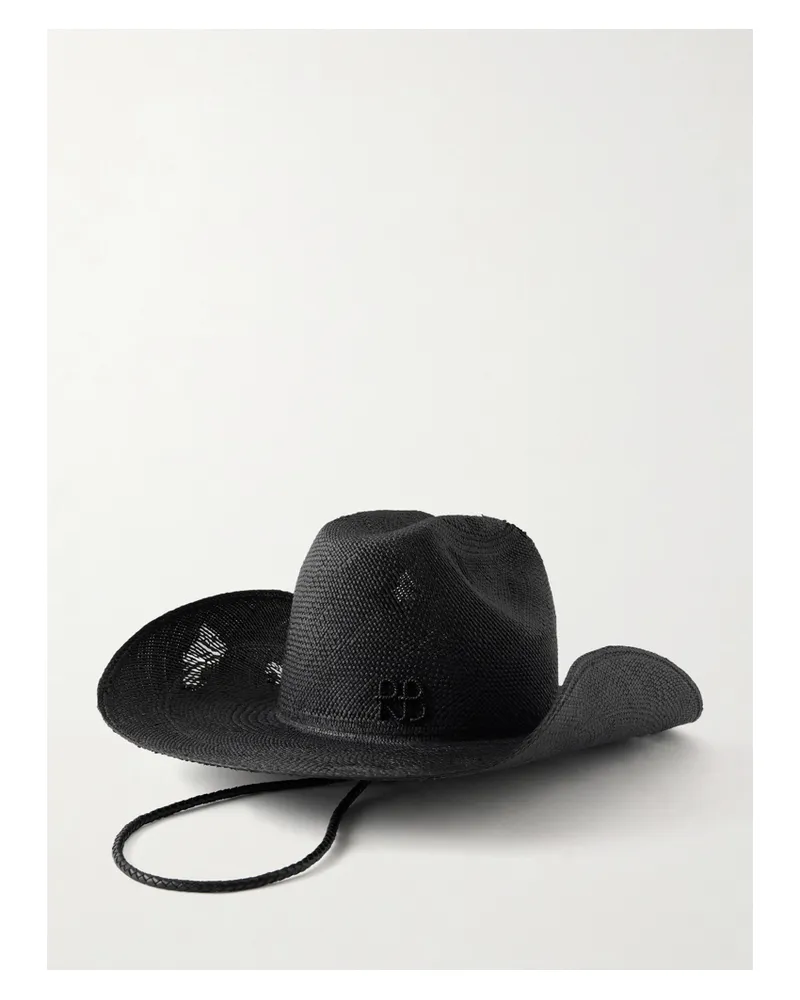 RUSLAN BAGINSKIY Cowboy Distressed Leather-trimmed Embroidered Straw Hat - Black Black