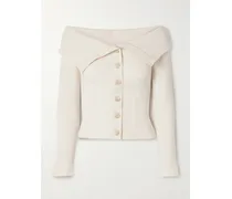 Off-the-shoulder Cotton-trimmed Ribbed-knit Cardigan - Neutrals