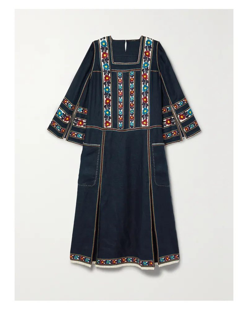 VITA KIN Yelena Besticktes Midikleid Aus Leinengaze Mit Häkelbesätzen - Blau Blau