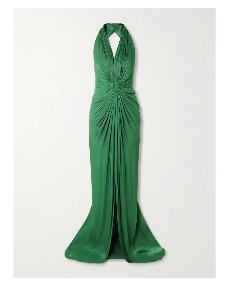 COSTARELLOS Twist-front Metallic Georgette Halterneck Gown - Green Green