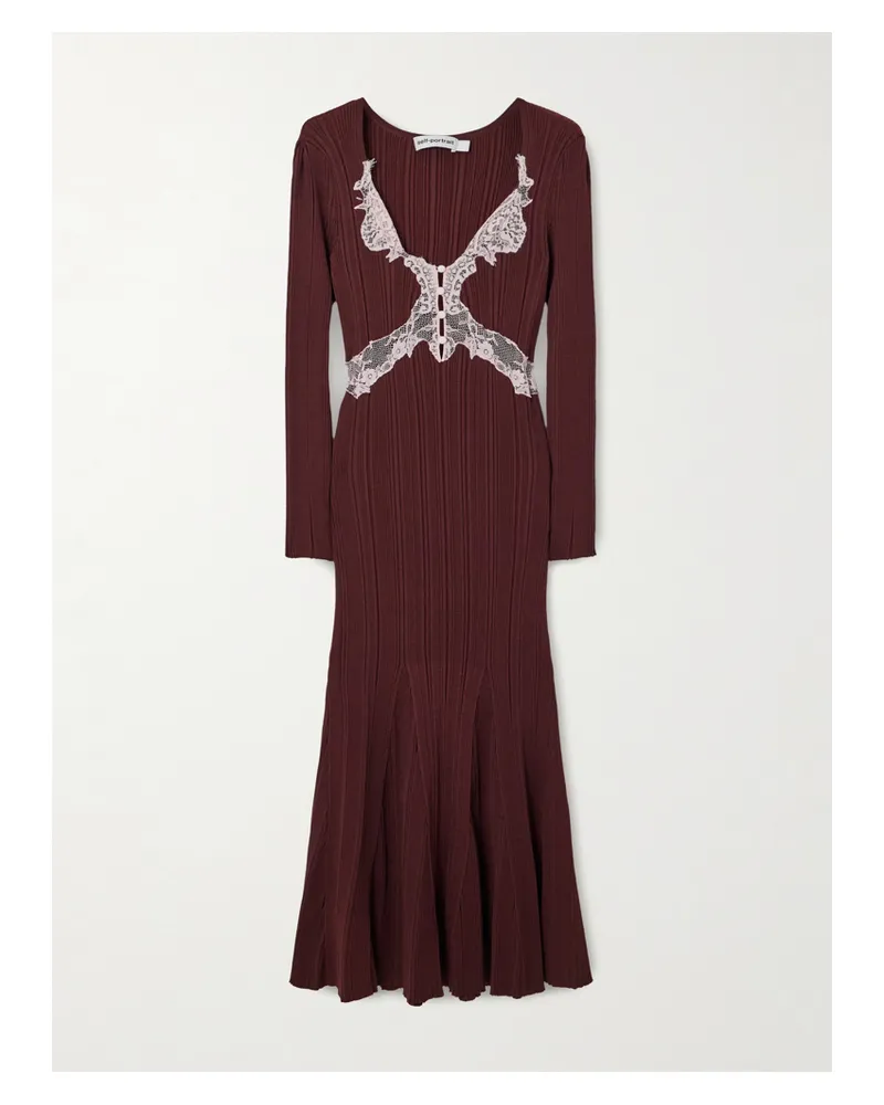 Self-Portrait Midikleid Aus Rippstrick Mit Spitzenbesätzen - Braun Braun