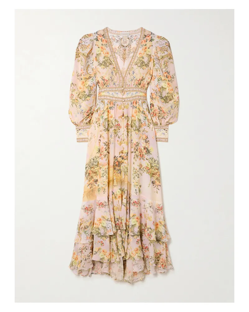 Camilla Maxikleid Aus Seidenchiffon Mit Blumenprint, Kristallen Und Volants - Pink Pink