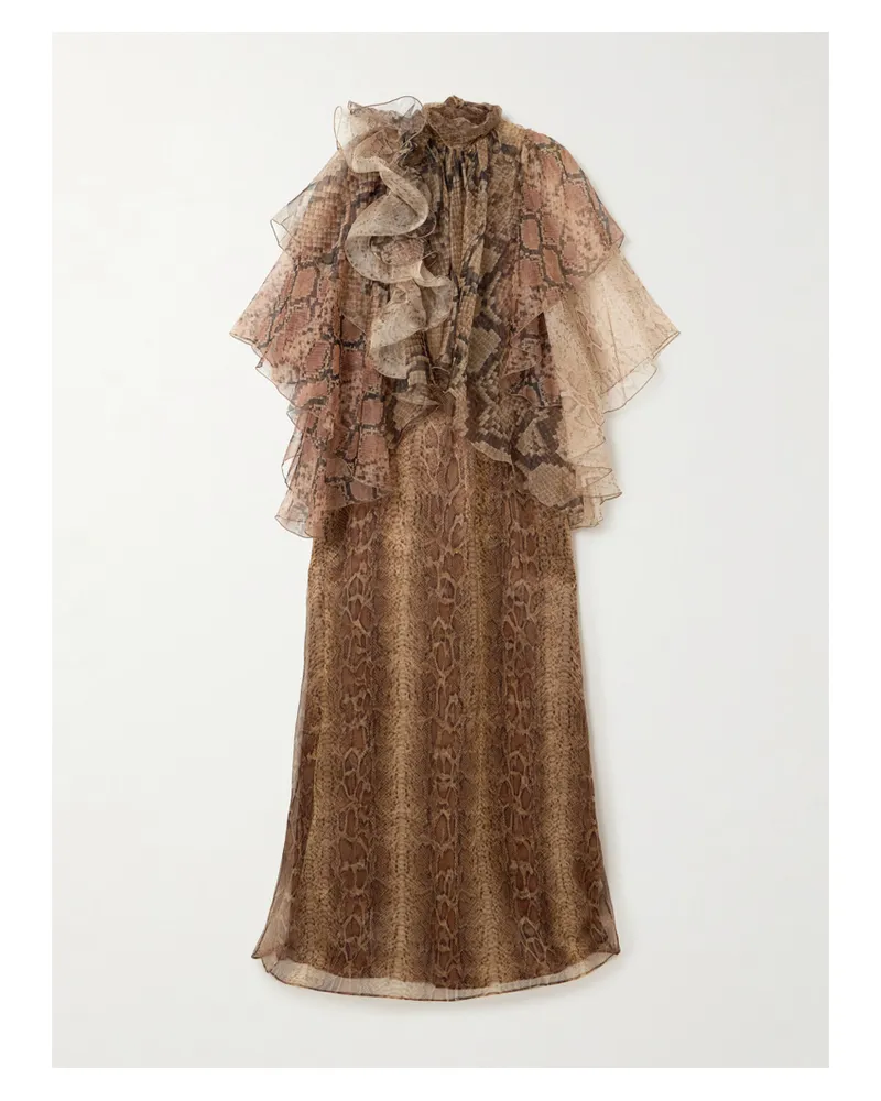 Zimmermann Hypnotic Memento Billow Robe Aus Seidenorganza Mit Schlangenprint Und Volants - Braun Braun