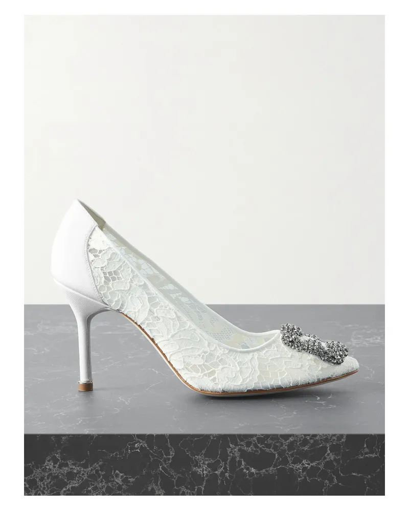 Manolo Blahnik Hangisi 90 Crystal-embellished Corded Lace Pumps - White White