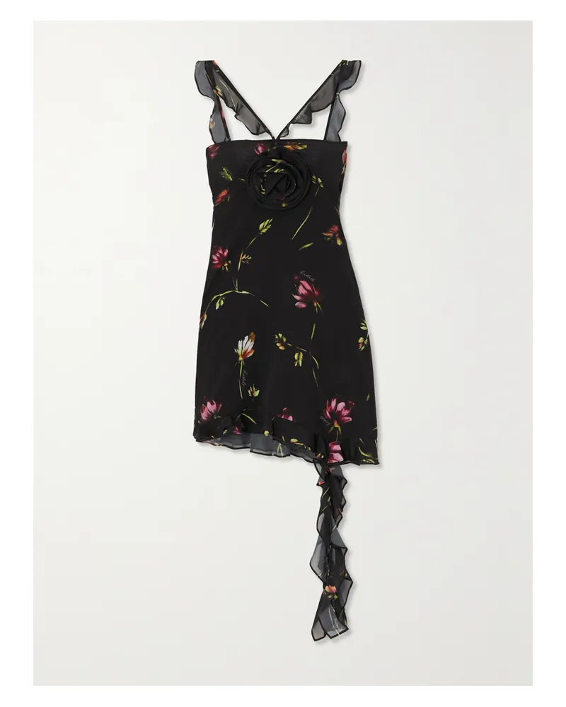 ROTATE Birger Christensen Net Sustain Kinsi Minikleid Aus Recyceltem Georgette Mit Blumenprint Und Rüschen - Schwarz Schwarz