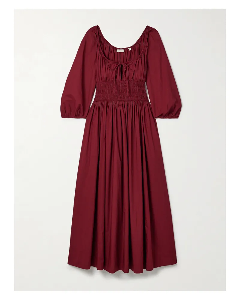 DÔEN Quintessa Tie-detailed Shirred Organic Cotton-poplin Midi Dress - Burgundy Burgundy