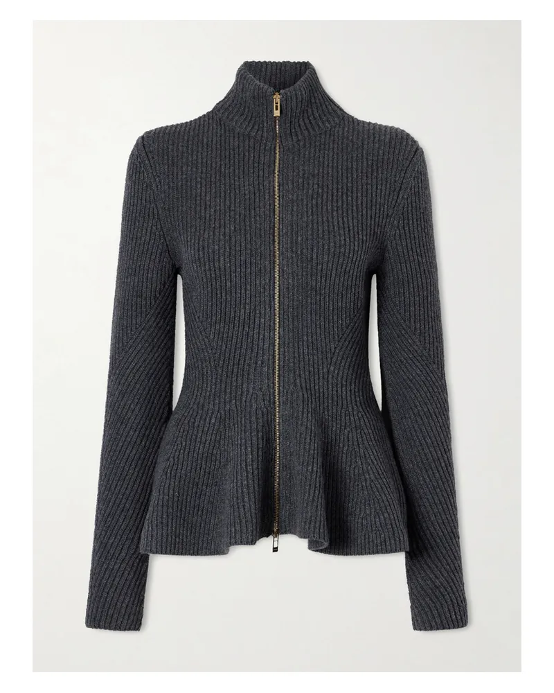 Alaïa Cardigan Aus Einer Gerippten Woll-kaschmirmischung Mit Schößchen Und Reißverschluss - Grau Grau