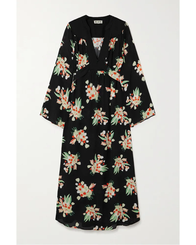 RIXO Anela Midikleid aus Crêpe mit Blumenprint Schwarz