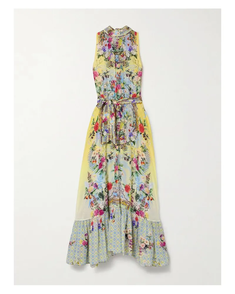 Camilla Maxikleid Aus Seiden-georgette Mit Blumenprint Und Kristallen - Gelb Gelb