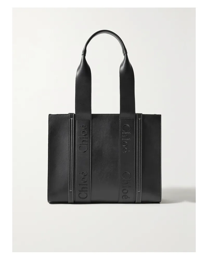 Chloé Woody Medium Embroidered Leather Tote - Black Black