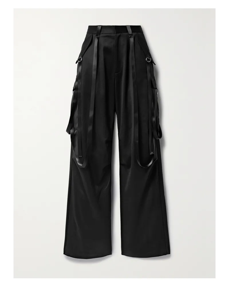 R13 Cargohose Mit Weitem Bein Aus Wollsatin Mit Falten - Schwarz Schwarz