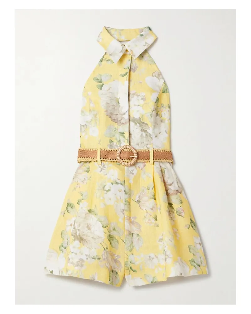 Zimmermann Acacia Neckholder-playsuit Aus Leinen Mit Blumenprint Und Gürtel - Gelb Gelb