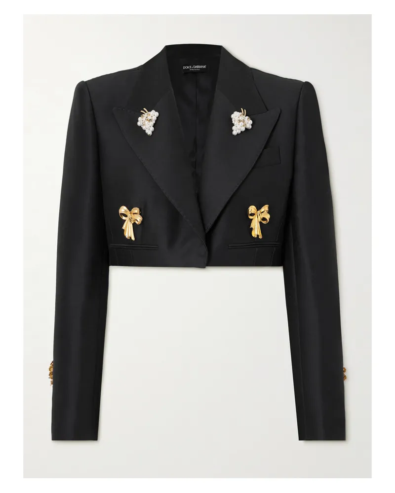 Dolce & Gabbana Verkürzter Blazer Aus Satin Aus Einer Woll-seidenmischung Mit Verzierungen - Schwarz Schwarz