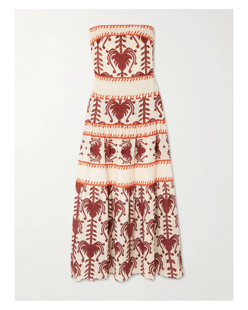 Johanna Ortiz Another Chance Strapless Tiered Embellished Printed Linen Maxi Dress - Neutrals Neutrals