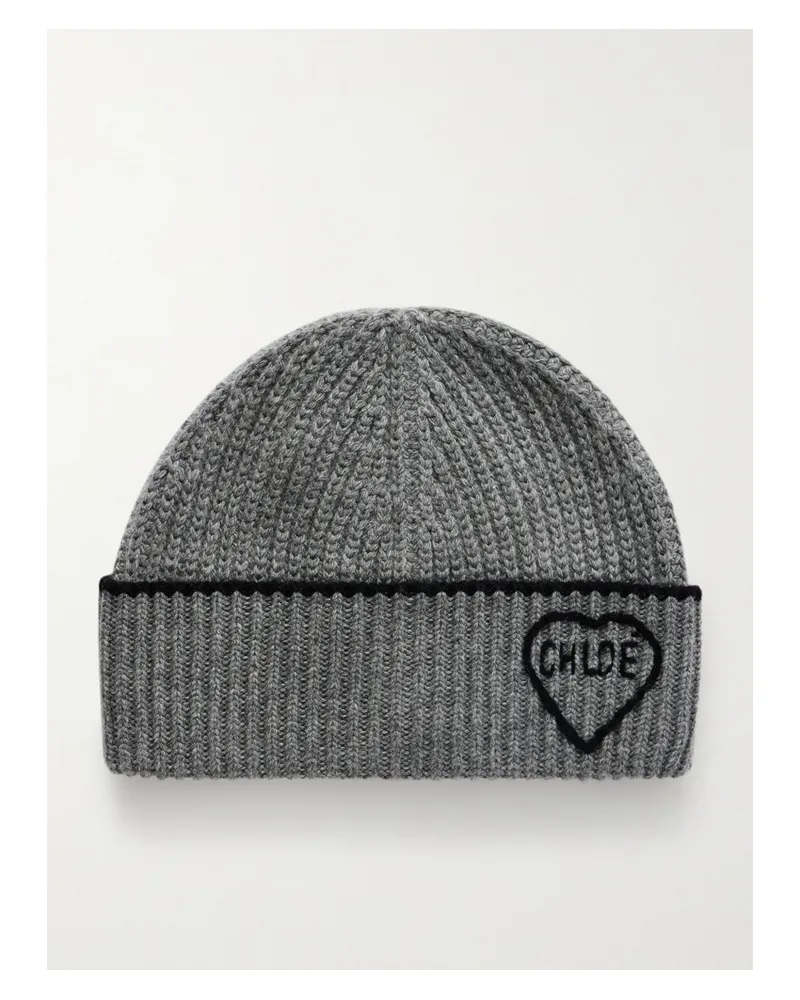 Chloé Coeur Embroidered Ribbed Wool And Cashmere-blend Beanie - Gray Gray