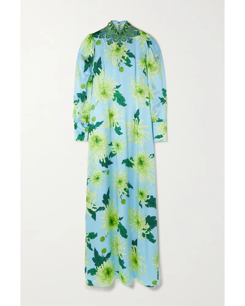 Andrew GN Robe Aus Seidensatin Mit Blumenprint, Stehkragen Und Kristallen - Blau Blau