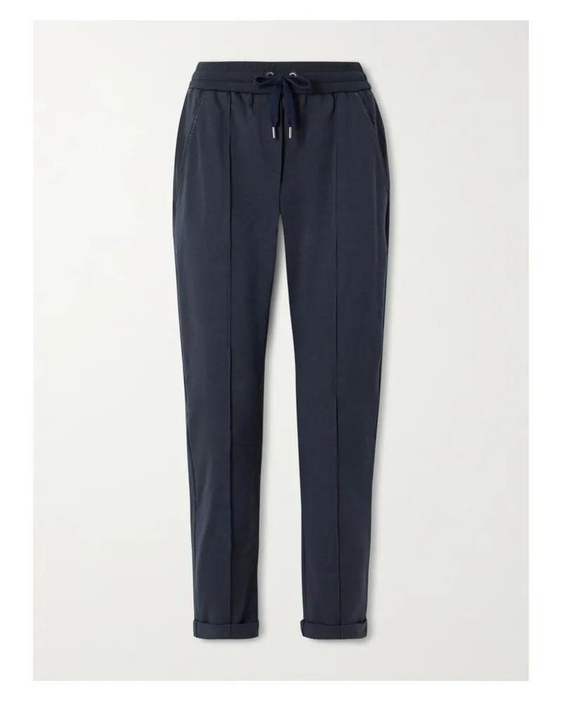 Brunello Cucinelli Bead-embellished Cotton-blend Jersey Track Pants - Blue Blue