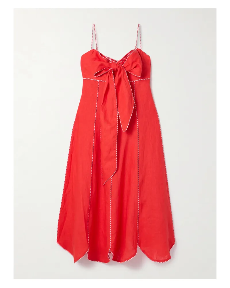 FARM Rio Midikleid Aus Leinen Mit Wellenkante Und Schleife - Rot Rot