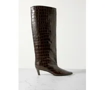 Croc-effect Leather Knee Boots - Brown
