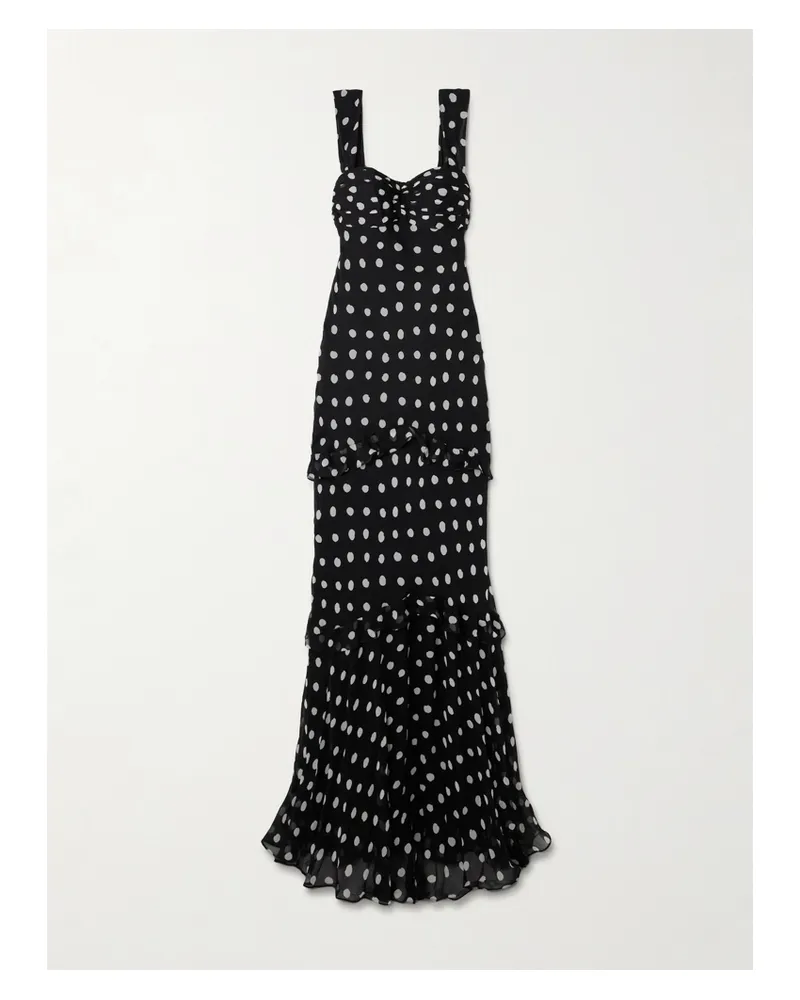 Saloni Selma Ruched Ruffled Polka-dot Crepe De Chine Maxi Dress - Black Black