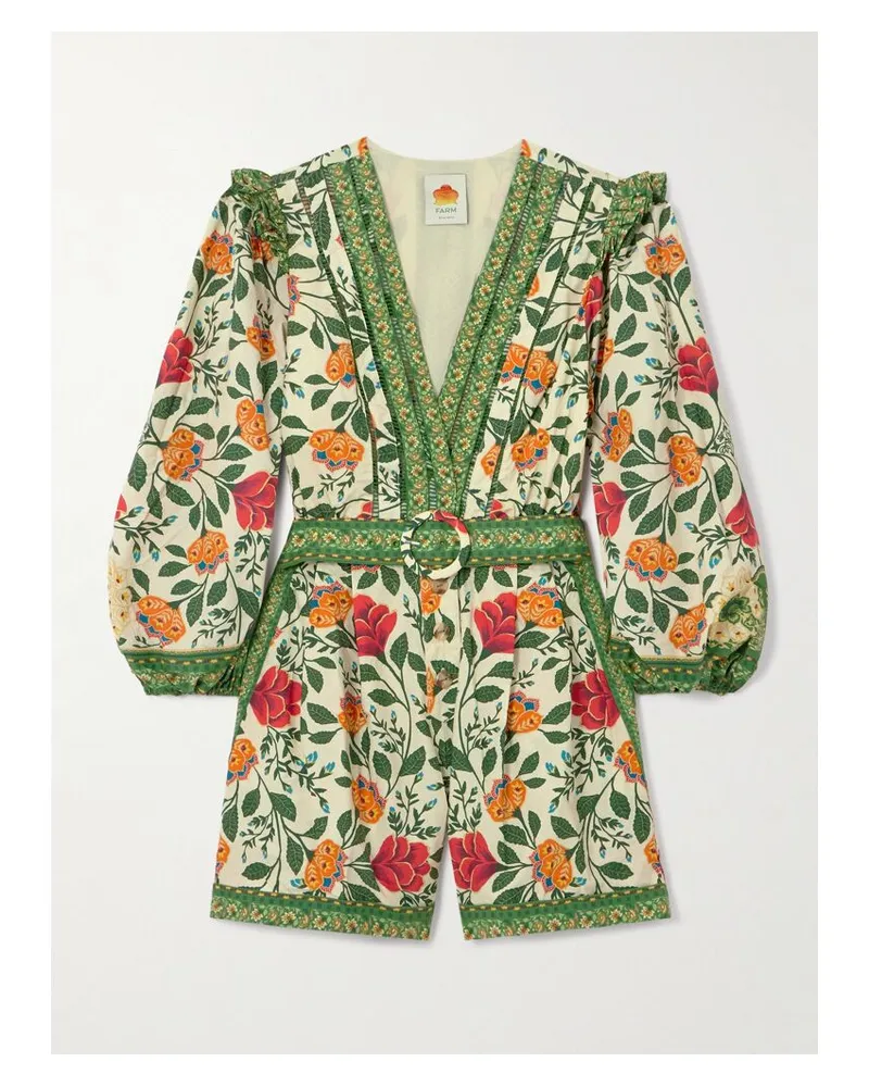 FARM Rio Garden Tapestry Playsuit Aus Baumwollpopeline Mit Blumenprint, Gürtel Und Rüschen - Grün Grün