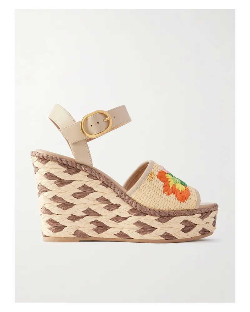 Valentino Garavani Espadrille-wedges Aus Leder Und Raffiabast Mit Blumenstickerei - Neutral Neutral