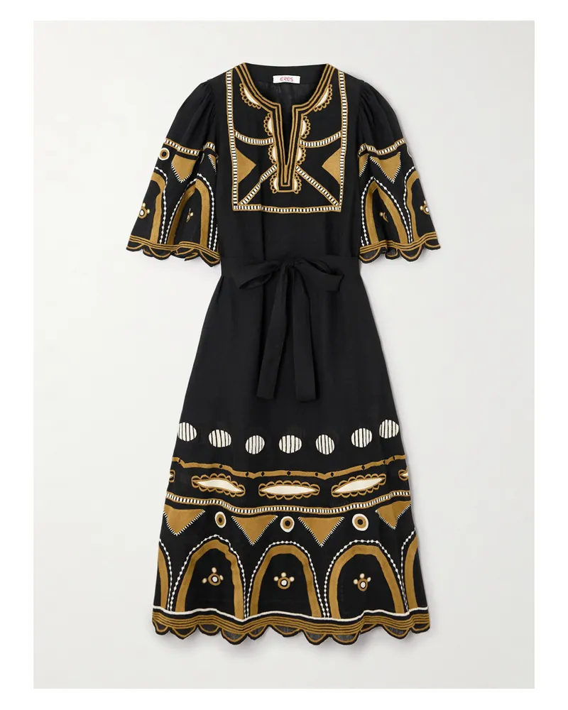 Eres Ornament Midikleid Aus Leinen Mit Stickereien Und Bindegürtel - Schwarz Schwarz