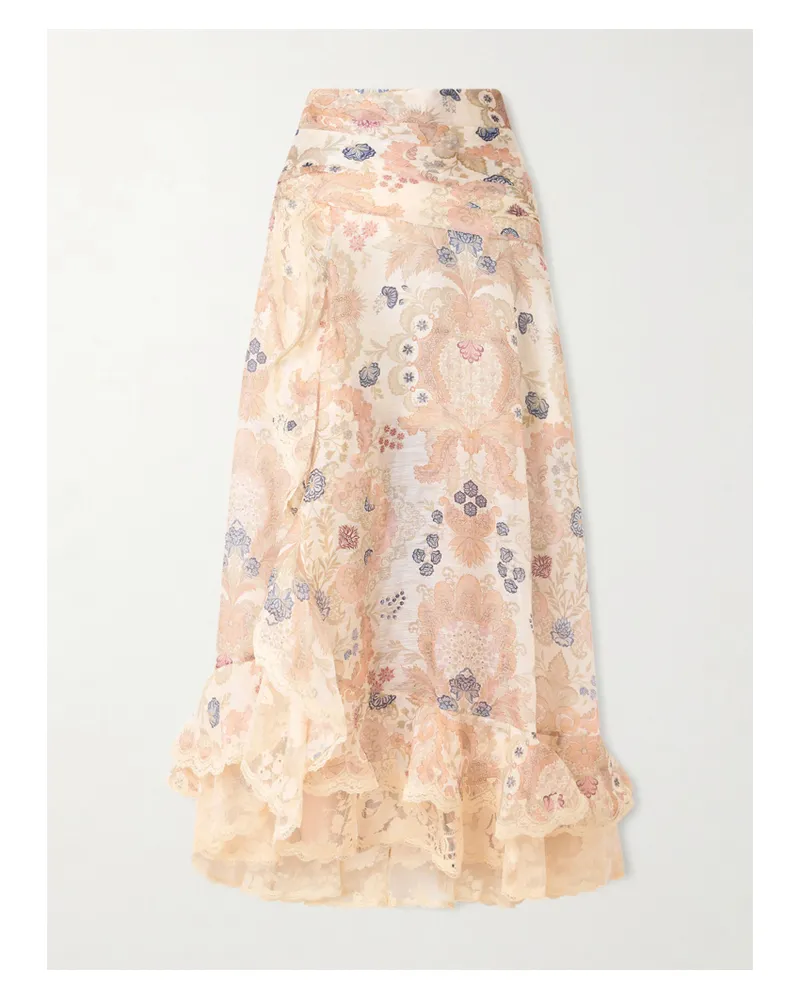 Zimmermann Rebellion Maxirock Aus Einer Leinen-seidenmischung Mit Blumenprint Und Spitzenbesätzen - Creme Creme