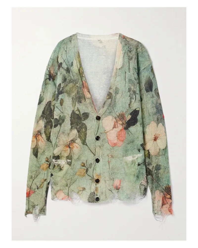 R13 Boyfriend Cardigan Aus Leinen Mit Blumenprint Und Distressed-details - Blau Blau