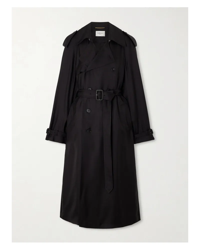 Saint Laurent Double-breasted Belted Silk-twill Trench Coat - Black Black