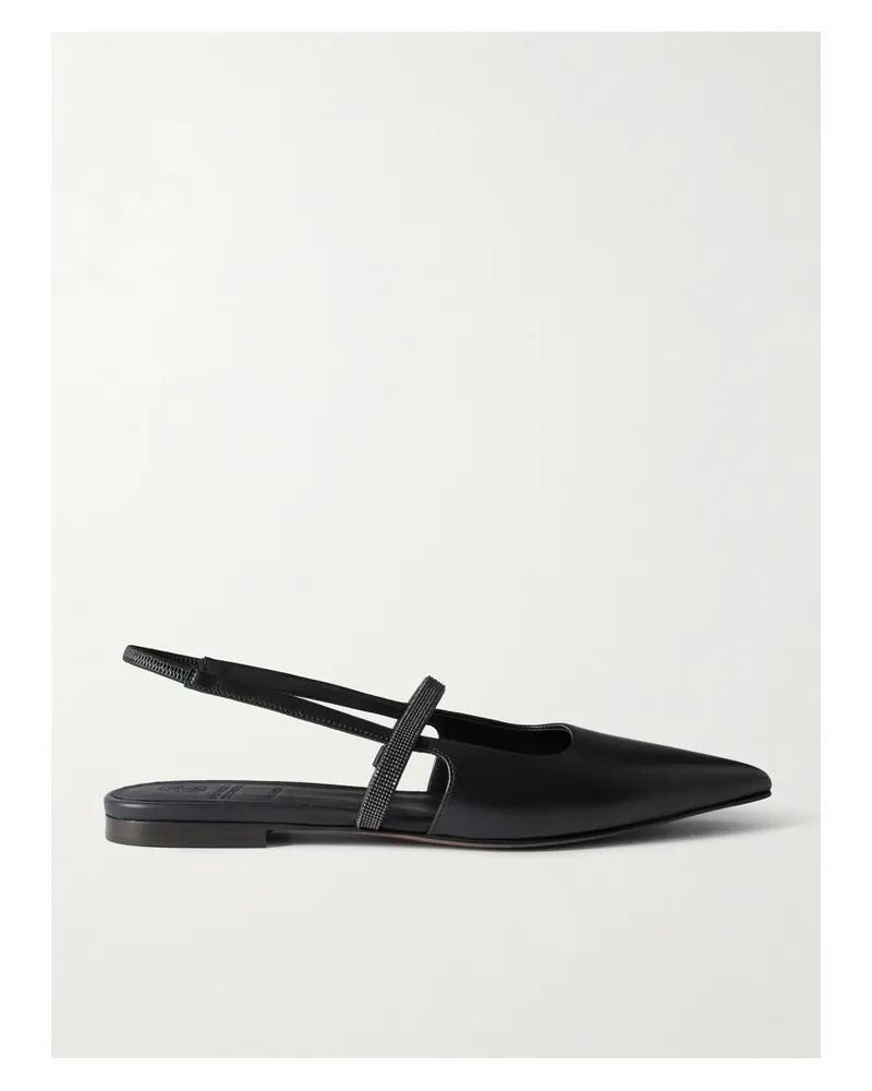 Brunello Cucinelli Embellished Cutout Leather Slingback Ballet Flats - Black Black