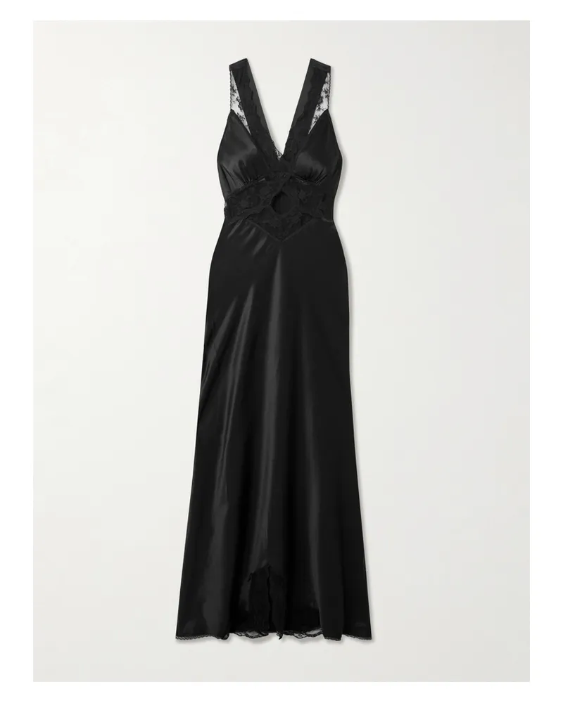 SIR Aries Maxikleid Aus Seidensatin Mit Cut-out Und Spitzeneinsätzen - Schwarz Schwarz
