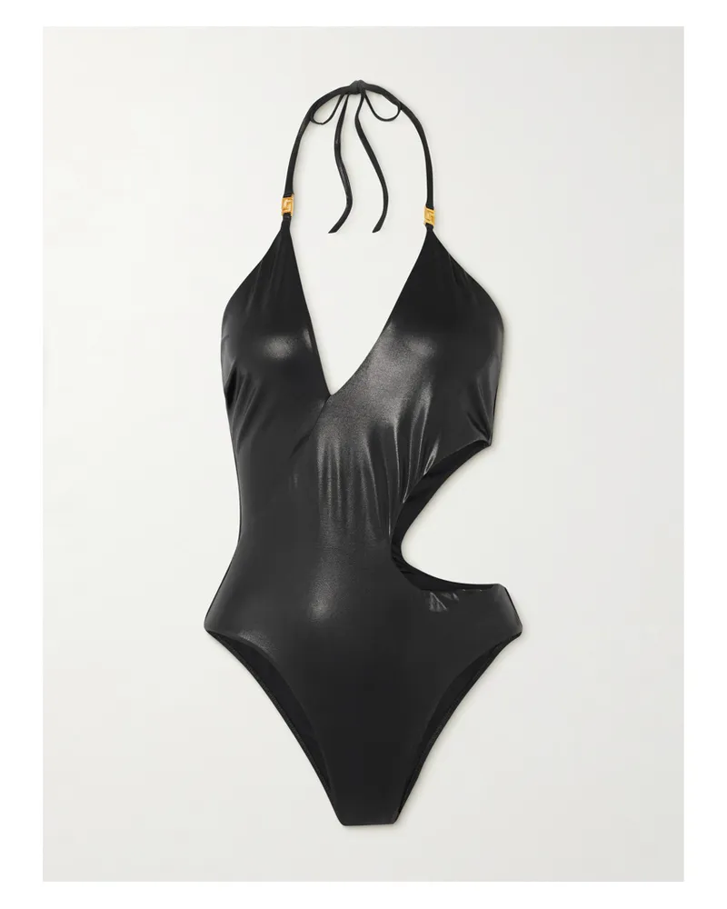 Versace Brinata Neckholder-badeanzug Aus Stretch-lamé Mit Cut-out Und Verzierungen - Schwarz Schwarz